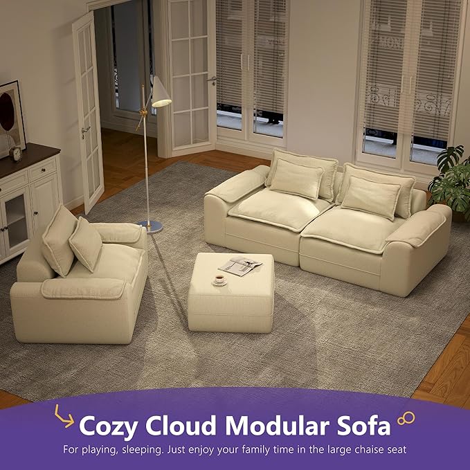 Hobestluk Cloud Single Sofa Memory Foam Couch with Deep Seat L Shaped Sofa with Removable Cover Large Couch for Living Room (Beige, Single Sofa)