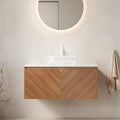 36 Inch Floating Bathroom Vanity with Vessel Sink, Fluted Modern Cabinet with 2 Doors, Glass Vessel Ceramic Sink & Sintered Stone Top, Oak