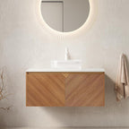 36 Inch Floating Bathroom Vanity with Vessel Sink, Fluted Modern Cabinet with 2 Doors, Glass Vessel Ceramic Sink & Sintered Stone Top, Oak