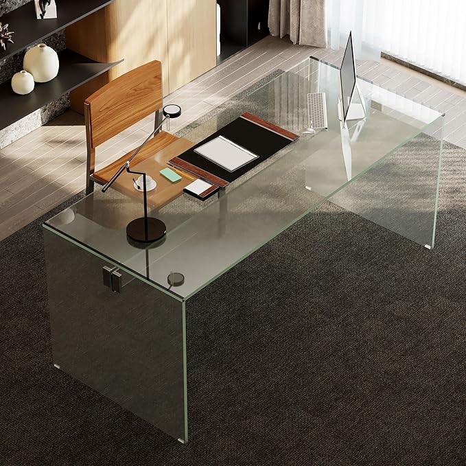 53.14" Modern Tempered Glass Executive Desk with Drawer, Black Wood Finish and Tempered Glass Legs – Minimalist Stylish Workstation Table for Home Office (Transparent Glass Desk)