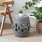 JONATHAN Y TBL1022F Lucky Coins 16" Chinese Ceramic Drum Indoor/Outdoor Garden Stool Bohemian, Coastal, Cottage, French Country, Traditional, for Living Room, Garden Room, Patio, Matte Gray