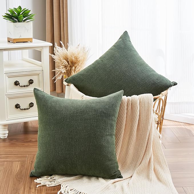 GAWAMAY Decorative Square Throw Pillow Covers 22"x22" Inch Set of 2, Super Soft Chenille Pillows Farmhouse Pillowcase for Living Room Bedroom Sofa Couch Cushion Cover Dark Green 55x55cm (No Insert)