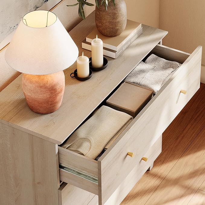 WAMPAT 6-Drawer Kids Dresser for Bedroom, 2-in-1 Modern Large Chest of Drawers with Gold Knobs, 71 Inch Wide Light Oak Wood Children Dresser for Baby Room, Nursery