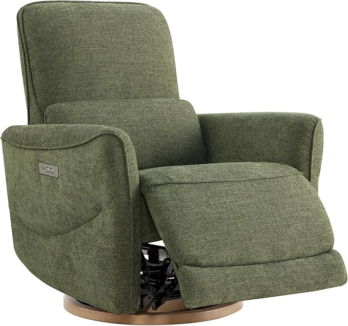 CHITA Power Nursery Rocking Chair, Swivel Glider Recliner Chair with Solid Wood Base, Bulit-in USB & Type-C Charging Ports for Living Room, FSC Certified, Moss Green