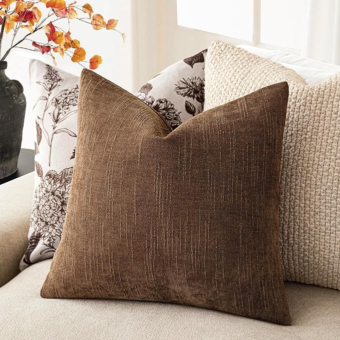 Foindtower Set of 2 Soft Textured Chenille Throw Decorative Pillow Covers Square Accent Solid Cushion Cover Cozy Neutral Farmhouse Pillow Case for Couch Sofa Bedroom Living Room 16x16 Inch,Dark Bronze