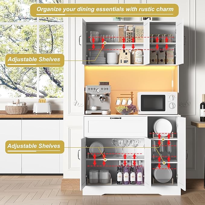 71" Kitchen Pantry Cabinets with Hutch - Freestanding Pantry Cabinet with Drawer, Adjustable Shelves, LED Light & Power Outlets for Kitchen, Dining Room, Living Room (White)