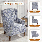 Wingback Accent Chairs Set of 2, High Back Upholstered Armchair, Printed Fabric Wingback Arms Chairs with Wood Legs, Single Sofa Reading Chair for Bedroom Living Room, Navy
