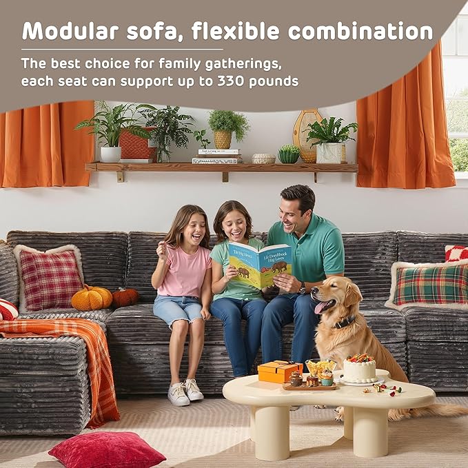 130'' Modern Modular Sectional Sofa with Ottoman, 8 Seater U Shaped Cloud Couch for Living Room, Oversized Deep Seat Convertible Sofa Set, Plush Corduroy Gray