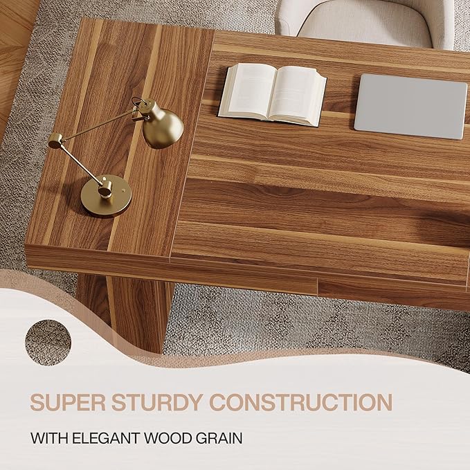 Tribesigns 55" Executive Desk, Wooden Office Desk with Double Pedestal, Modern Simple Computer Writing Table for Home Office, Medium Brown