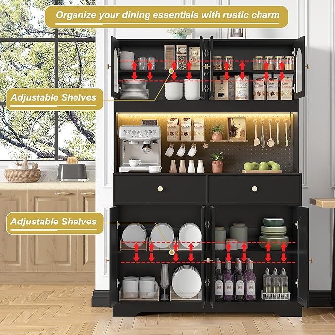 70" Pantry Cabinet with Pegboard, Kitchen Pantry Storage Cabinet with Shelves & Drawer, Adjustable Shelves, LED Light & Power Outlets for Dining Room (Black)