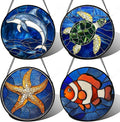 Stained Glass Window Hanging 4 Pcs Set Blue Ocean Turtle Dolphin Large 15" - Marine Life Suncatcher Garden Sun Catcher Decor Birthday Mother's Day for Mom Woman Nana Men