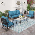 4 Piece Metal Outdoor Patio Furniture Set, Patio Conversation Set 3-seater Sofa, 2 Rocking Chair with 5.75" Extra Thick Cushion and Coffee Table, Black Frame Backyard Furniture, Blue-2
