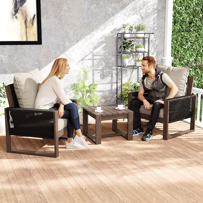 Patio Chairs 3 Piece Wood Patio Furniture with Coffee Table & Cushions, PE Wicker Outdoor Conversation Set Balcony Chairs for Garden, Porch, Deck, Backyard