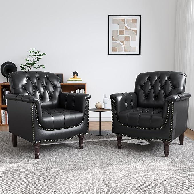 UIXE Faux Leather Accent Chair for Living Room, Tufted Arm Chair Retro Upholstered Club Armchair with Solid Wood Legs, Black Blue