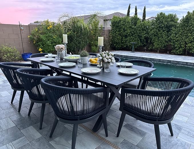 PURPLE LEAF Outdoor Dining Set for 8 All-Weather 9 Pieces Patio Aluminium Dining Table and Rope Weave Chairs Included Cushions for Backyard Indoor Decor Kitchen Patio Furniture Set Grey and Navy