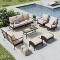 MFSTUDIO 7 PCS Outdoor Patio Furniture Set, Metal Outdoor Conversation Set, Rattan Wicker Patio Sectional with 2 x Swivel Single Sofa, 2 and 3-Seat Sofa, 2 x Ottoman, 1 x Coffee Table, Beige