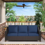 77'' Patio Sofa, All Weather Outdoor Rattan Wicker 3-Seat Sofa High Back Couch with Premium Cushions for Garden Backyard Porch(Brown/Navy)