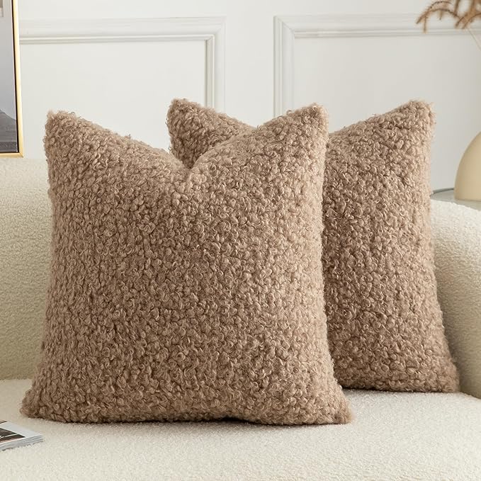 Pack of 2 Curly Teddy Wool Faux Fur Throw Pillow Covers Fuzzy Accent Soft Sherpa Pillowcases Sheepskin Fleece Decorative Cushion Case for Sofa Couch Living Room 20x20 Inch Khaki