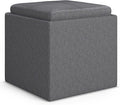 SIMPLIHOME Rockwood 18 inch Wide Contemporary Square Cube Storage Ottoman with Tray in Slate Grey Linen Look Fabric, Assembled, For the Living Room, Entryway and Family Room