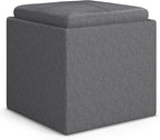 SIMPLIHOME Rockwood 18 inch Wide Contemporary Square Cube Storage Ottoman with Tray in Slate Grey Linen Look Fabric, Assembled, For the Living Room, Entryway and Family Room