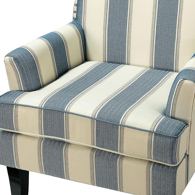HULALA HOME Modern Accent Chairs Set of 2, Farmhouse High Back Striped Chairs with Wooden Legs & Nail Head Trim, Comfy Upholstered Armchairs for Living Room/Bedroom (Stripe Blue)
