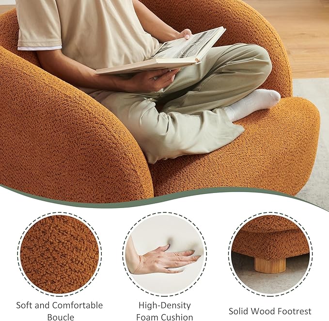 VANOMi Oversized Living Room Chair, Modern Comfy Accent Barrel Chairs, Single Sofa Chair with Wood Legs, Upholstered Armchair for Bedroom, Office, Waiting Room (Curry)