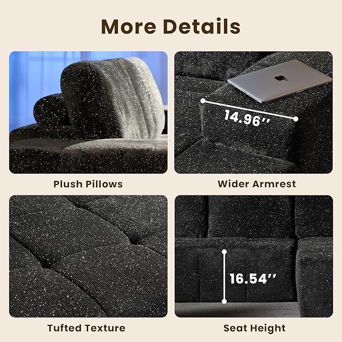 114" Glitter Cloud Sectional Couch with L-Shape Chaise, Modern Boneless Couches for Living Room, Fluffy Tufted Deep Seat Modular Sofa in a Box No Assembly