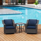 3 Pieces Patio Conversation Furniture Set - 2 Swivel Chairs, 1 Side Table, Outdoor Wicker Rocking Glider Armchairs with Washable and Water-Resistant Cushions for Balcony, (Navy Blue)