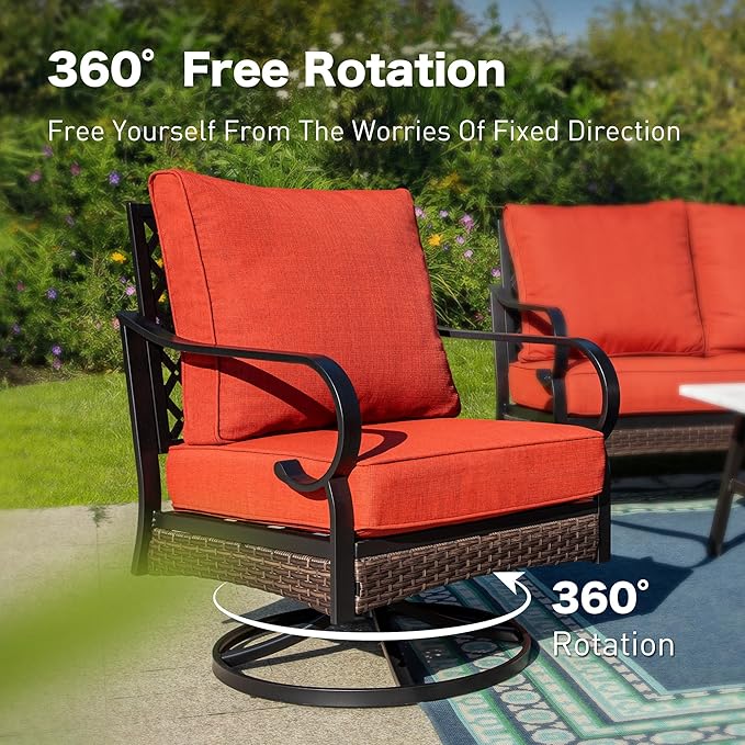 5 Piece Metal Outdoor Patio Furniture Set, Patio Conversation Setsv with 3-Seater Sofa, Loveseat, 2 Fixed Sofa (5.75" Thick Cushion) & Coffee Table Black Backyard Furniture, Rust Red