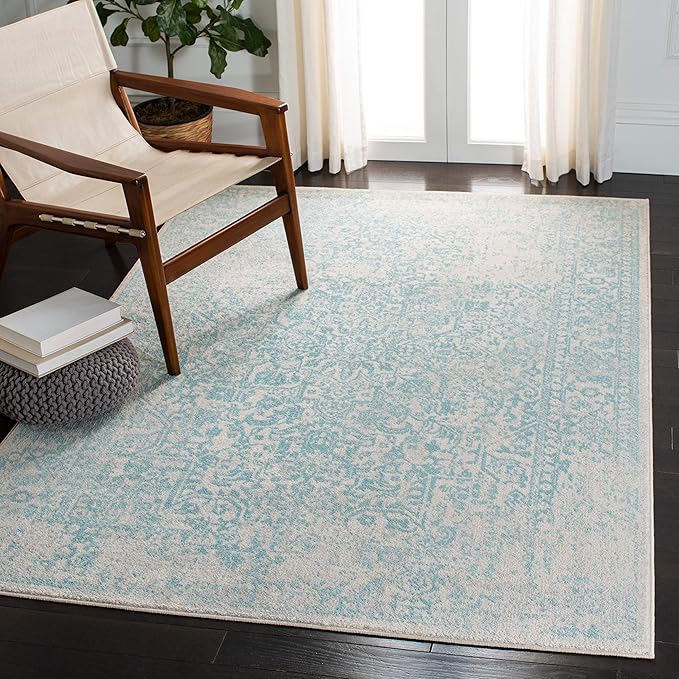 SAFAVIEH Evoke Collection 5'1" x 7'6" Ivory / Aqua EVK256J Oriental Distressed Non-Shedding Living Room Bedroom Area Rug