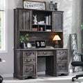 T4TREAM 59" Farmhouse Executive Desk with Hutch,Wood Home Office Computer Desk, Featuring Keyboard Tray,Charging Station,File Drawer, Storage Cabinet,for Work and Study (Dark Rustic Oak)