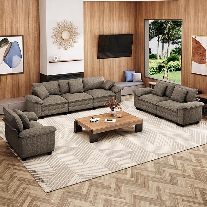 U-Shaped Cloud Modular Sofa Set, Deep Seat 3-Piece 6-Seater Sectional Couch & Removable Arms, Plush Chenille for Living Room - Smoky Gray