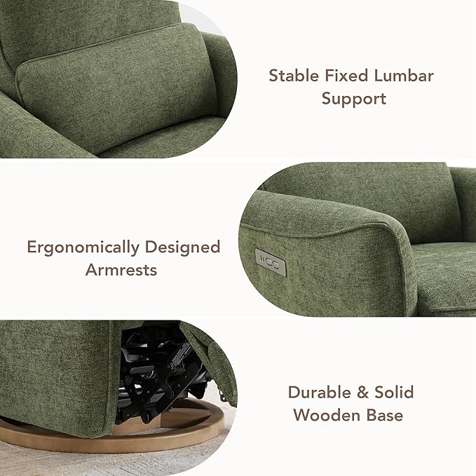 CHITA Power Nursery Rocking Chair, Swivel Glider Recliner Chair with Solid Wood Base, Bulit-in USB & Type-C Charging Ports for Living Room, FSC Certified, Moss Green