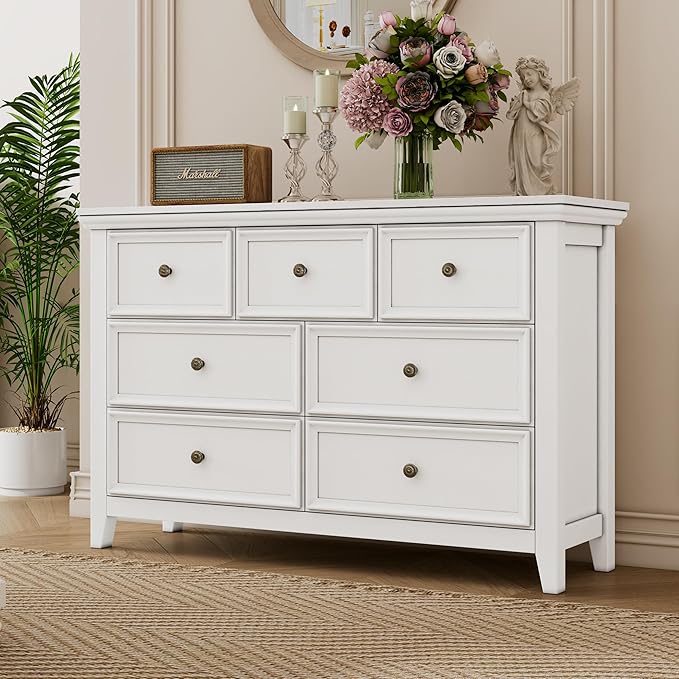 White Dresser for Bedroom, 7 Drawers Dresser, Closet Cabinet with 7 Storage Drawers for Home Office, Study Room