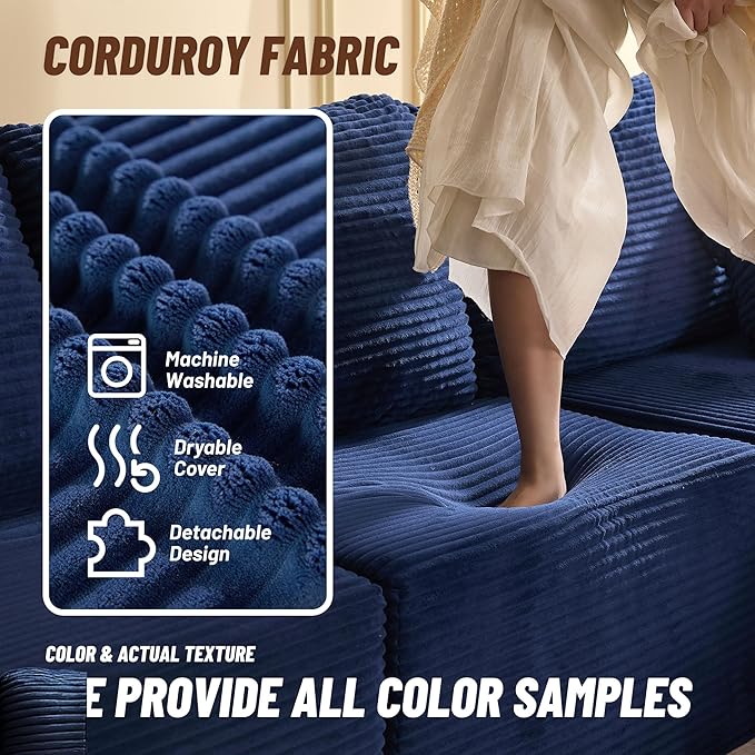 107" Boneless Couch with Deep Seat, Modular Sectional Sofa, Cloud Sectional Couch for Living Room, No Assembly Required, Corduroy, U-Shape 3 Seater Right, Blue