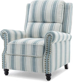 Pushback Recliner Chair, Comfy Fabric Wingback Recliner Chair, Upholstered Armchair Push Back Recliner with Wood Legs, Rivet Trim Single Sofa Accent Chair for Living Room, Bedroom, Blue Stripe
