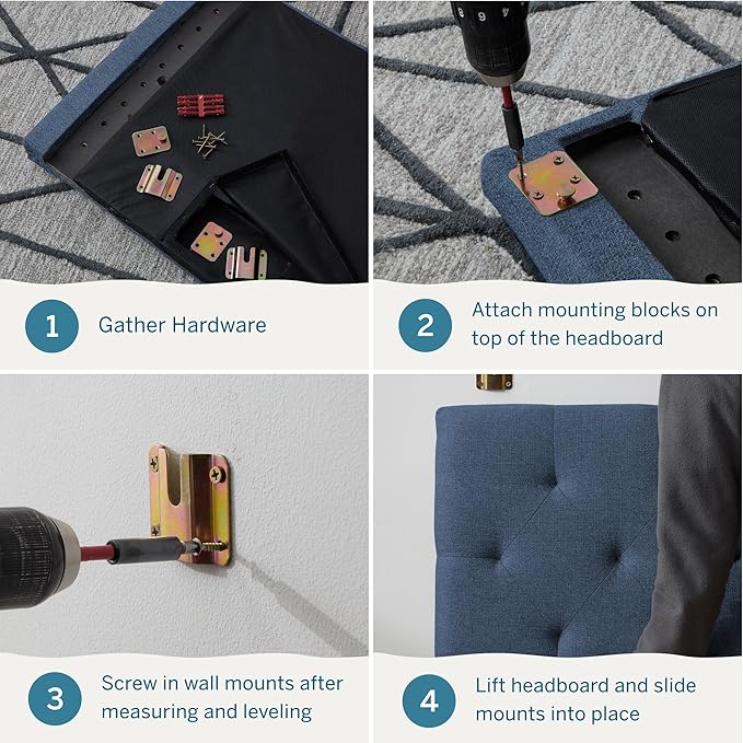 Lucid Mid-Rise Upholstered Headboard - Diamond Tufted - Padded Polyester - Adjustable Height from 34” to 46” - Easy Assembly - Bed Frame or Wall Mount - Sturdy - Cobalt - Twin / Twin XL Size
