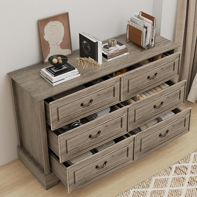 Farmhouse 6 Drawers Dresser for Bedroom, 47'' Wide Rustic chests of Drawers with Natural Texture, Wood Dresser Vintage Design, Storage Dressers Organizer, Grey