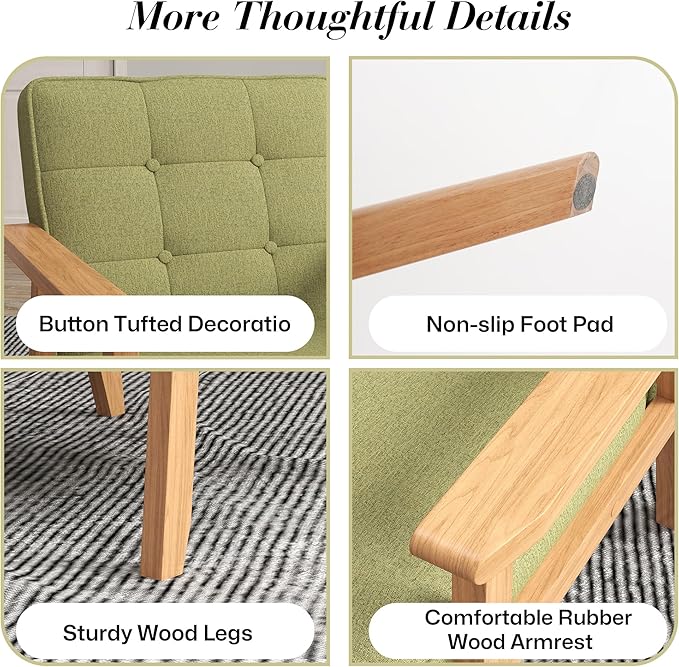 KCC Mid-Century Modern Linen Fabric Accent Chair Set of 2, Upholstered Tufted Leisure Chair Comfy Reading Side Chair with Armrest and Solid Wood Frame for Living Room Bedroom Balcony(Green)