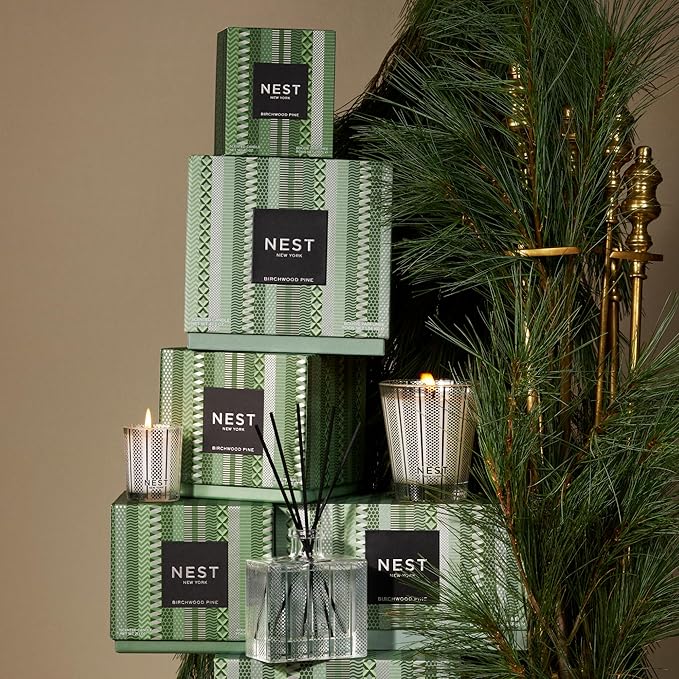 NEST New York Scented Classic Christmas Tree Candle, Birchwood Pine - 8.1 oz - Up to 60-Hour Burn Time - Reusable Glass Vessel