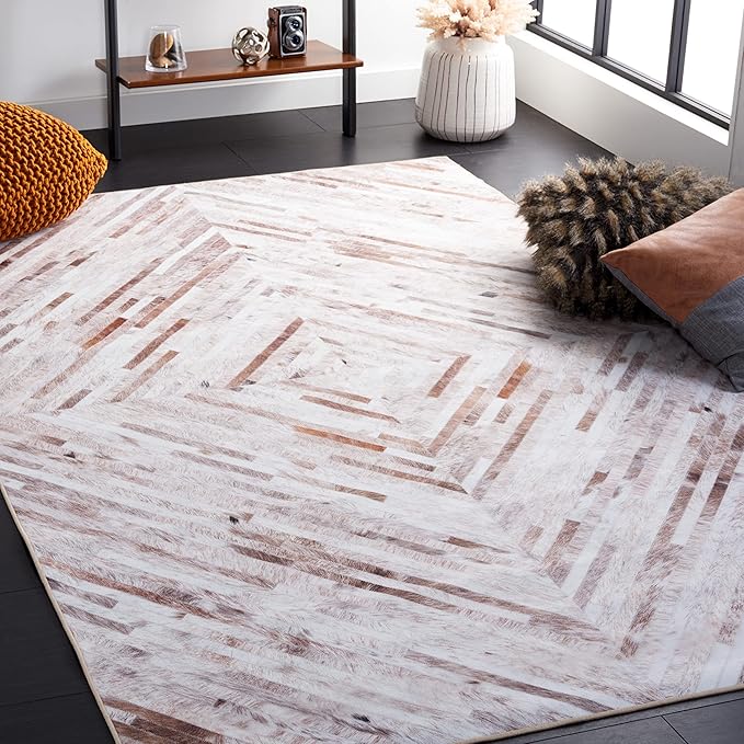 SAFAVIEH Washable Rug Faux Hide Collection - 10' x 14', Beige & Brown, Slip Resistant, Western Rustic Decor, Printed Pattern, Ideal for Living Room, Bedroom, Home Office, Dining Space (FAH526A)