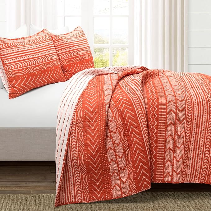 Lush Decor Hygge Geo Pattern Striped 3 Piece Quilt Bedding Set, Full/Queen, Burnt Orange