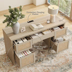 Yechen Executive Desk with 5 Drawers, 57" Modern Rattan Home Office Desk with Charging Station, File Drawer, Farmhouse Boho Computer Writing Desk for Study, Work, White