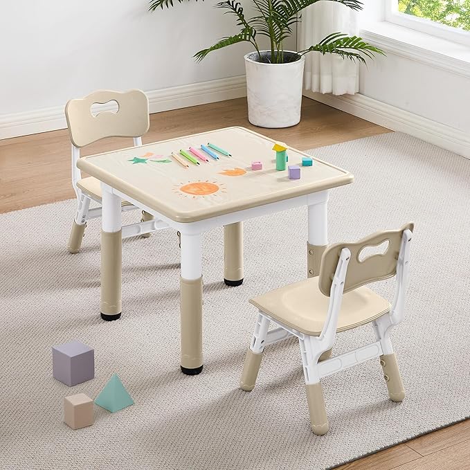 Adjustable Kids Table Chairs Set – Graffiti Desktop, Multi-Activity Height-Adjustable Toddler Study Desk for Ages 3-8 – Ideal for Home, Classroom, Daycare (W-Wood, 2 Chairs-23.6" L x 23.6" W)