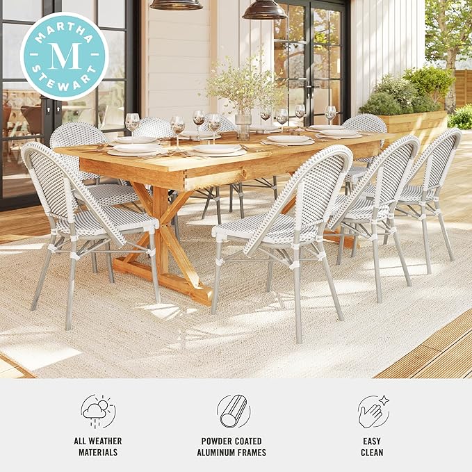 Martha Stewart Lily Pond Indoor-Outdoor Stackable Aluminum Bistro Chair with Gray Woodgrain Frame Finish and White/Gray Woven Rattan Backrest and Seat