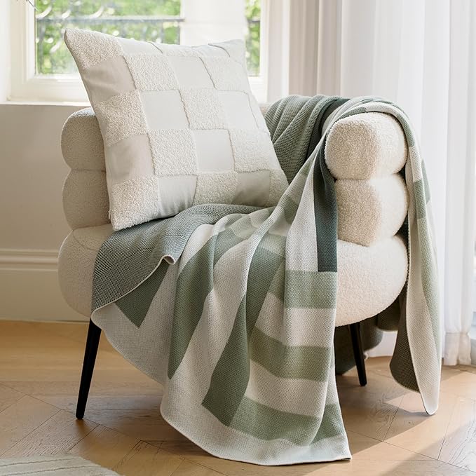 Double Stitch Checkered Throw Pillow Covers - 100% Cotton Set of 2 Tufted Boho Decorative Pillow Covers 18x18, Made in India, Square Cushion Case, Modern Home Decor for Couch, Sofa, Living Room, Cream