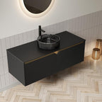 48 Inch Bathroom Vanity with Sink, Floating Fluted Vanity with Vessel Sink, Modern Wall Mounted Bathroom Vanity Cabinet with 2 Doors, Glass Vessel Sink & Sintered Stone Top, Black
