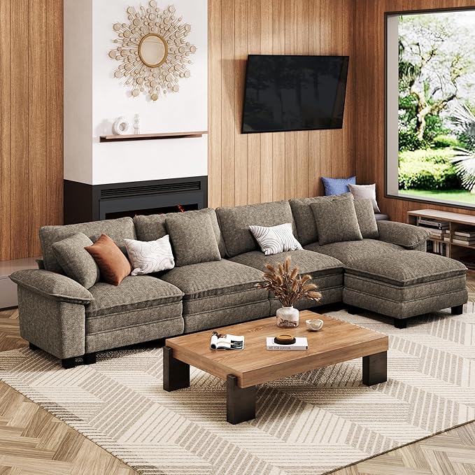 157-Inch L Shaped Sectional Sofa with Cloud Cushions, Deep Seat Modular Couch Set w/ 5 Seats & 1 Ottomans, Removable Arms, Plush Chenille Upholstery for Living Room, Apartment - Smoky Gray