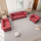 2 Piece Living Room Sofa Set, 3 Seater Faux Leather Sofa Couch and Chair Set, Mid Century Modern Upholstered Couch with Cushions, Comfy Tufted Chesterfield Couches for Bedroom, Office (Wine Red)