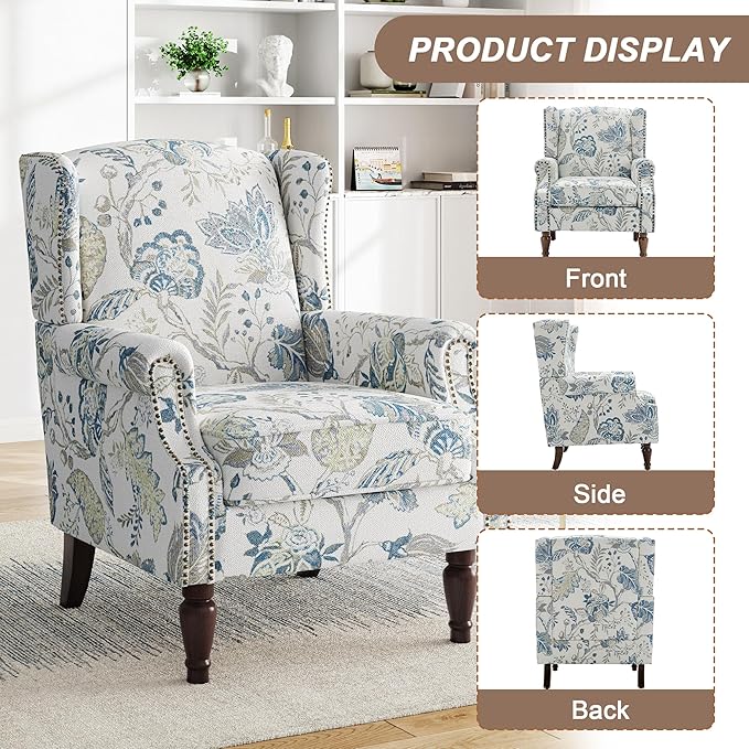Pia Ricco High Back Floral Accent Chair - Retro Wingback Upholstered Armchair with Nailhead Trim, Solid Wood Legs, Fabric Living Room Bedroom Reading Chair (Plants Blue)